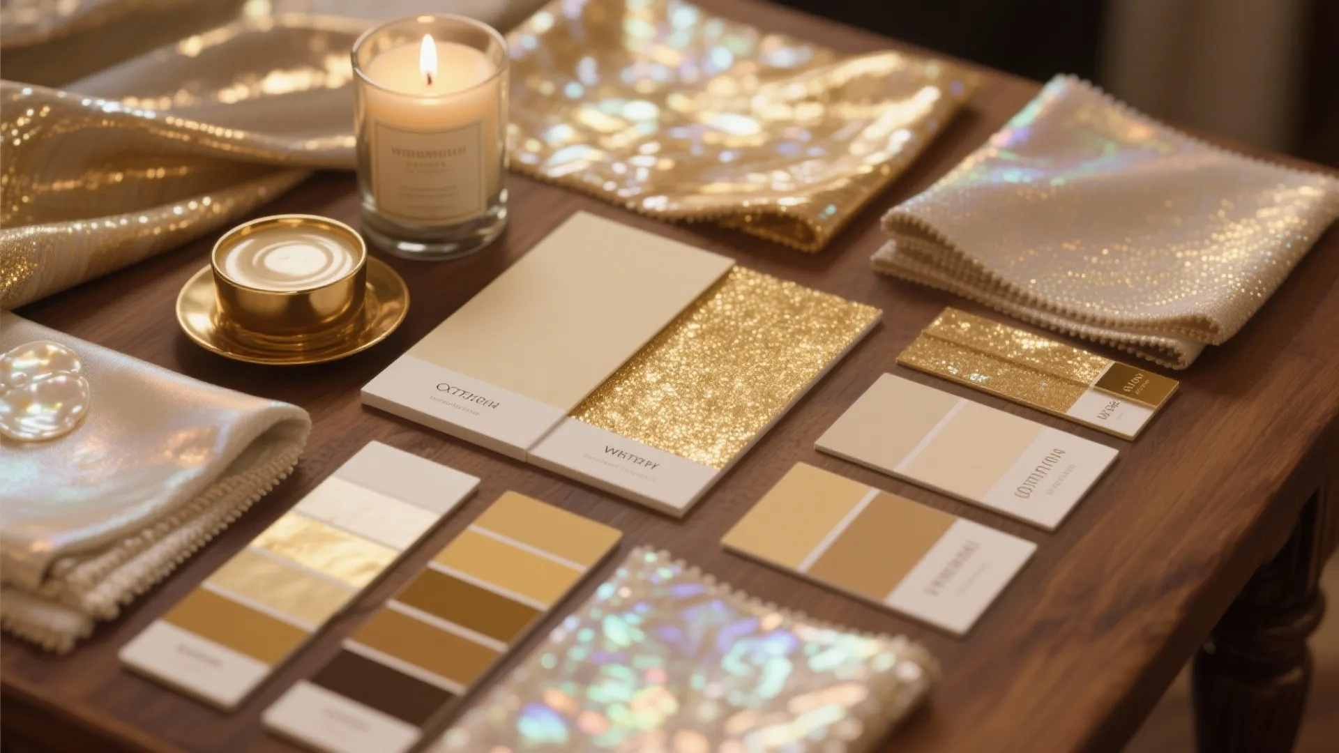 Interior design mood board with gold fabric samples, color palettes, candle, and gold coffee cup