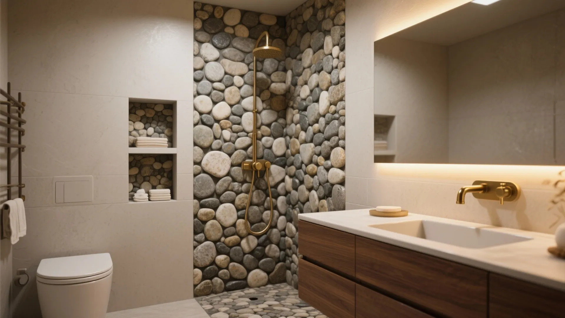 2) Pebble Accent Wall and Niche That Catch the Light