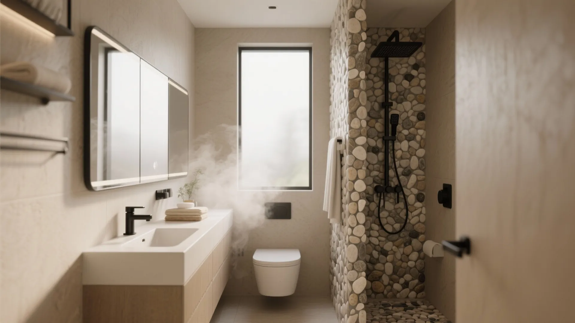 Modern bathroom with steam from sink, pebble wall in shower, white toilet, and large mirror