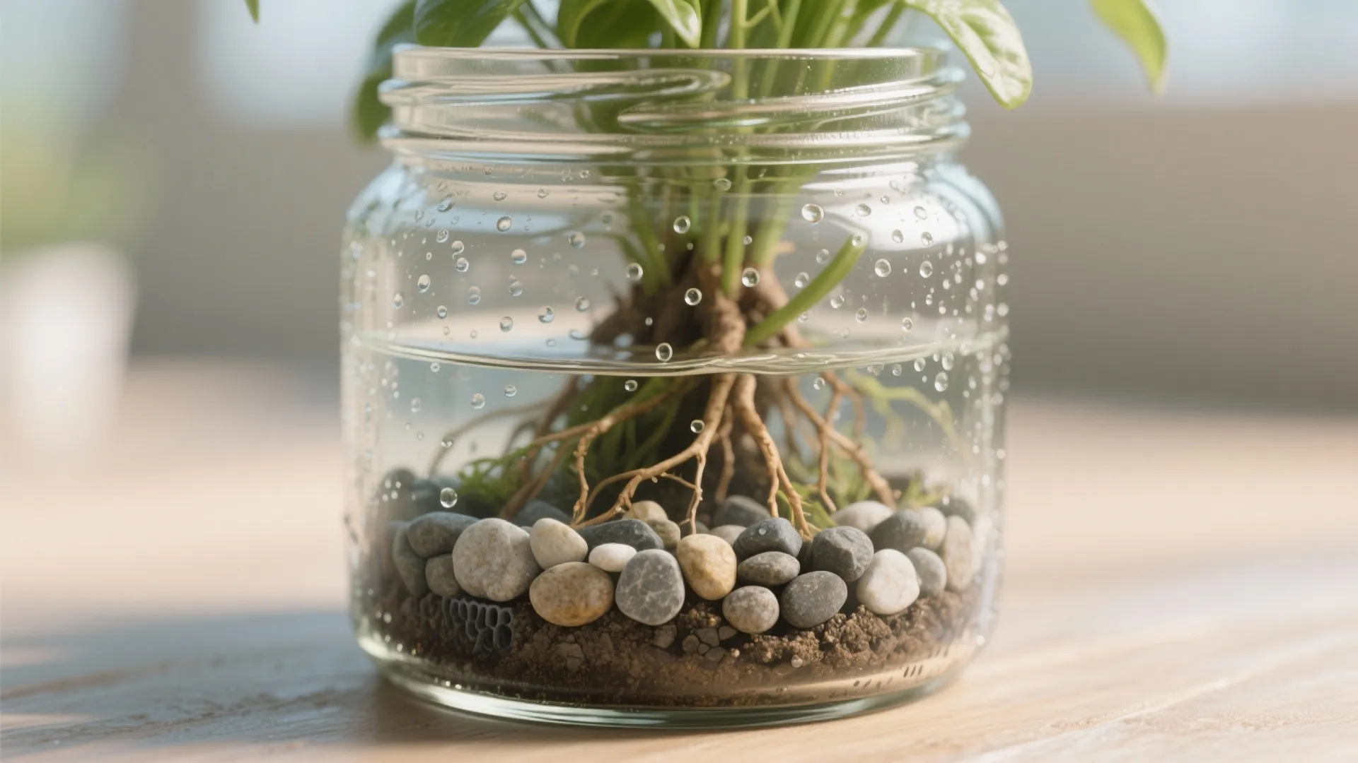 Glass jar containing a green plant with roots visible through water and small smooth stones
