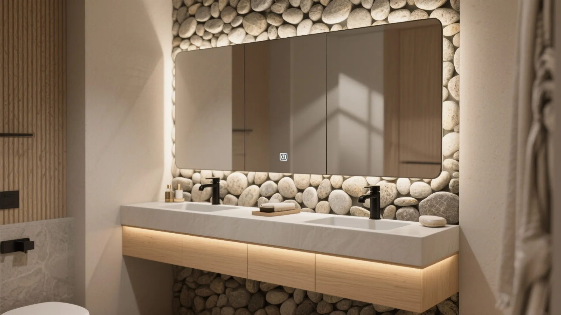 Modern bathroom with double sink cabinet large mirror and natural stone wall featuring warm lighting