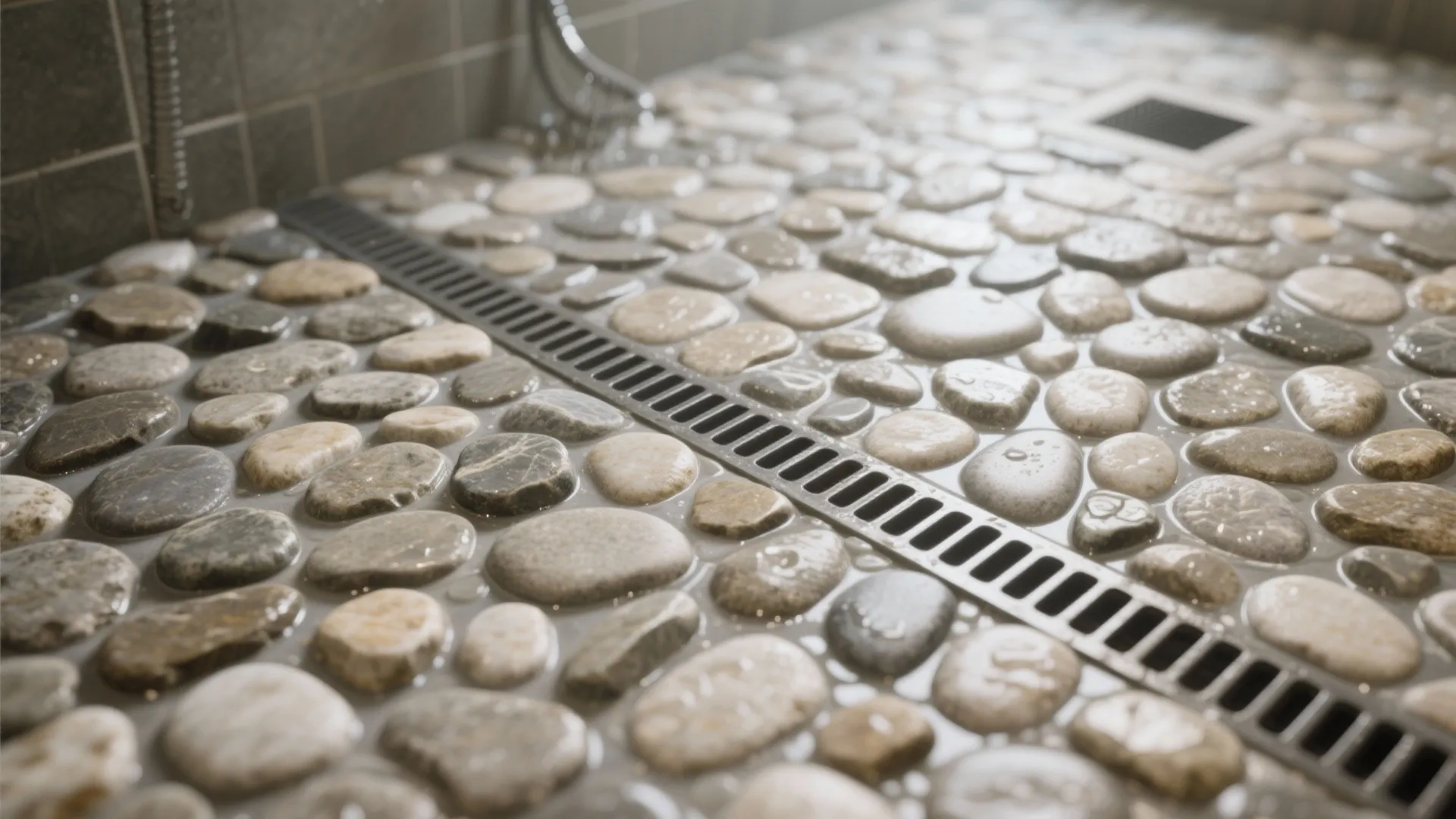 Macro of sliced river rock pebble mosaic shower floor with subtle grout contours for grip.