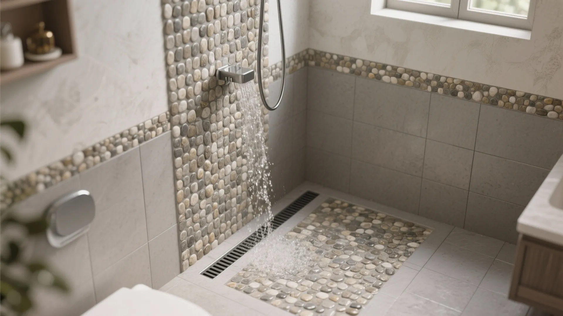 Shower area featuring pebble stone wall tiles linear floor drain running water and grey flooring