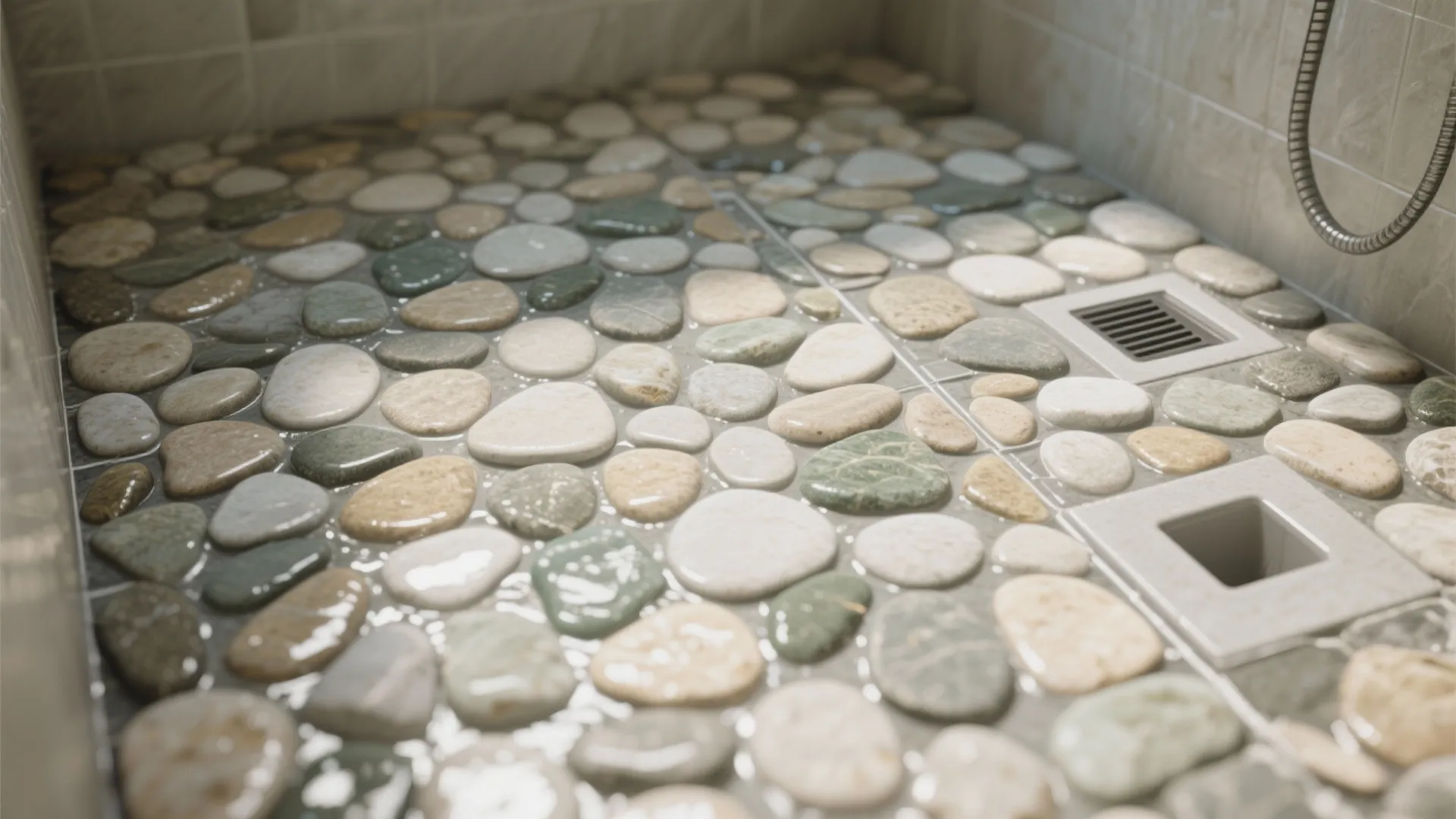 Pebble stone shower floor featuring grey and beige rocks with a square metal floor drain