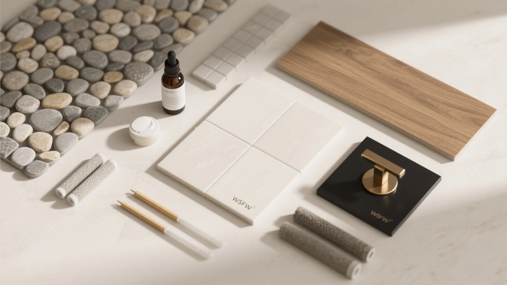 Interior design material board with pebbles, wood plank, white tiles, gold handle, and small bottles