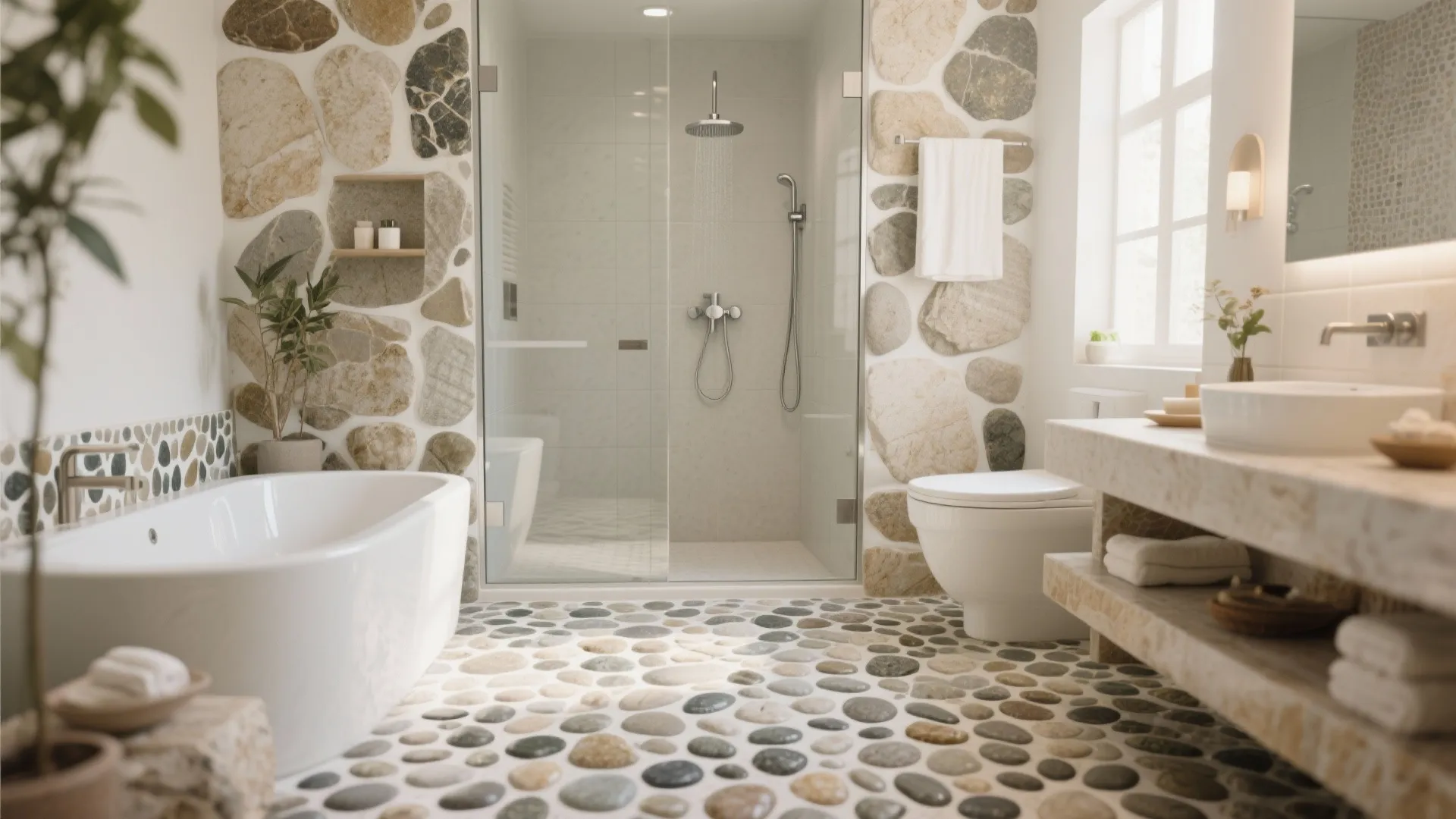 Natural bathroom featuring pebble floor stone wall white bathtub glass shower and a simple vanity