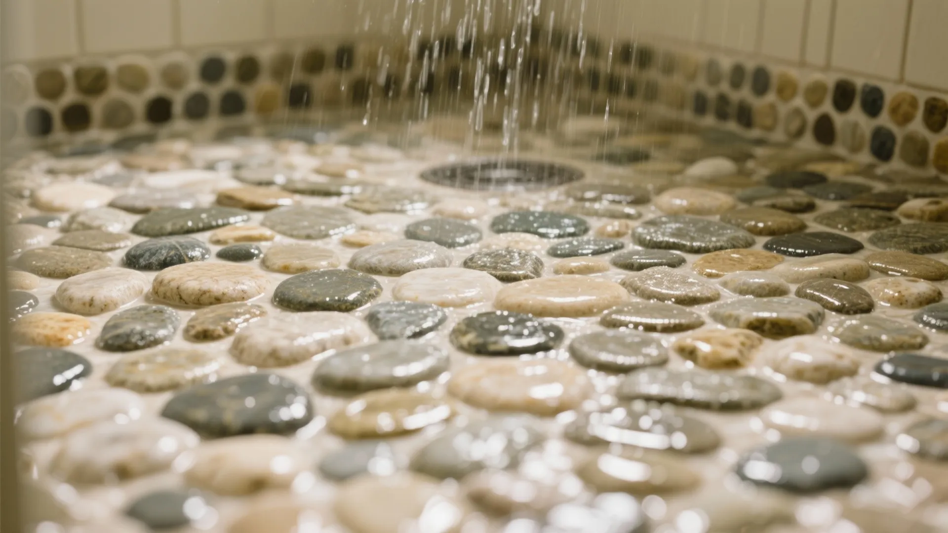 Close up view of wet pebble stone shower floor with water falling onto smooth round rocks