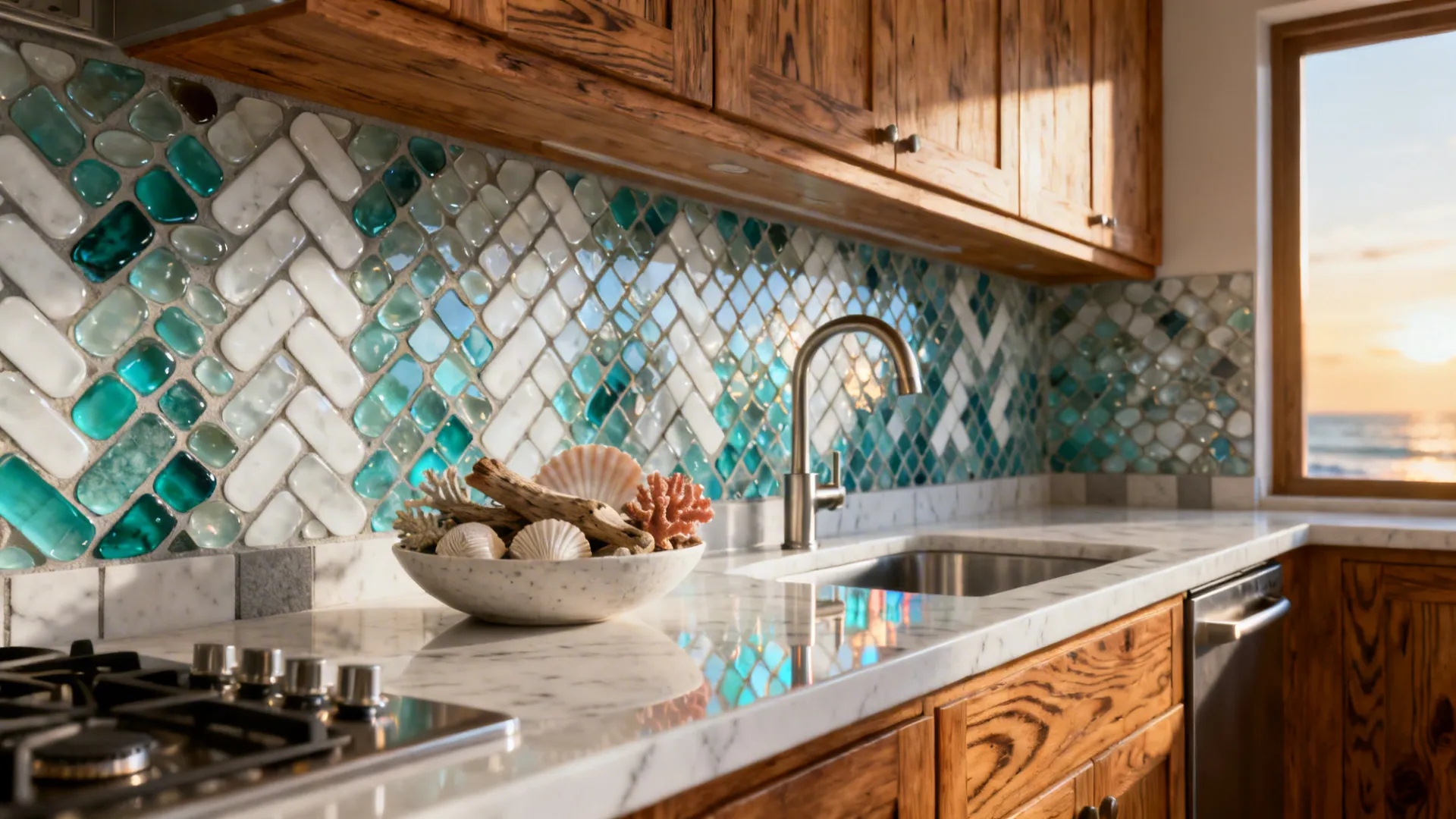 Coastal small kitchen with mosaic glass pebble tile backsplash and warm wood accents.