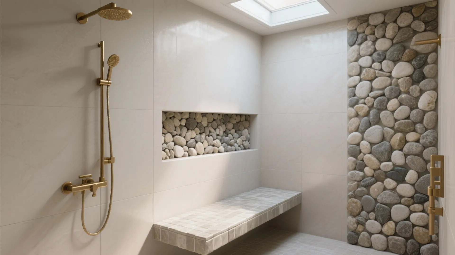 Modern shower room featuring gold shower head wall niche with stones and a tiled bench