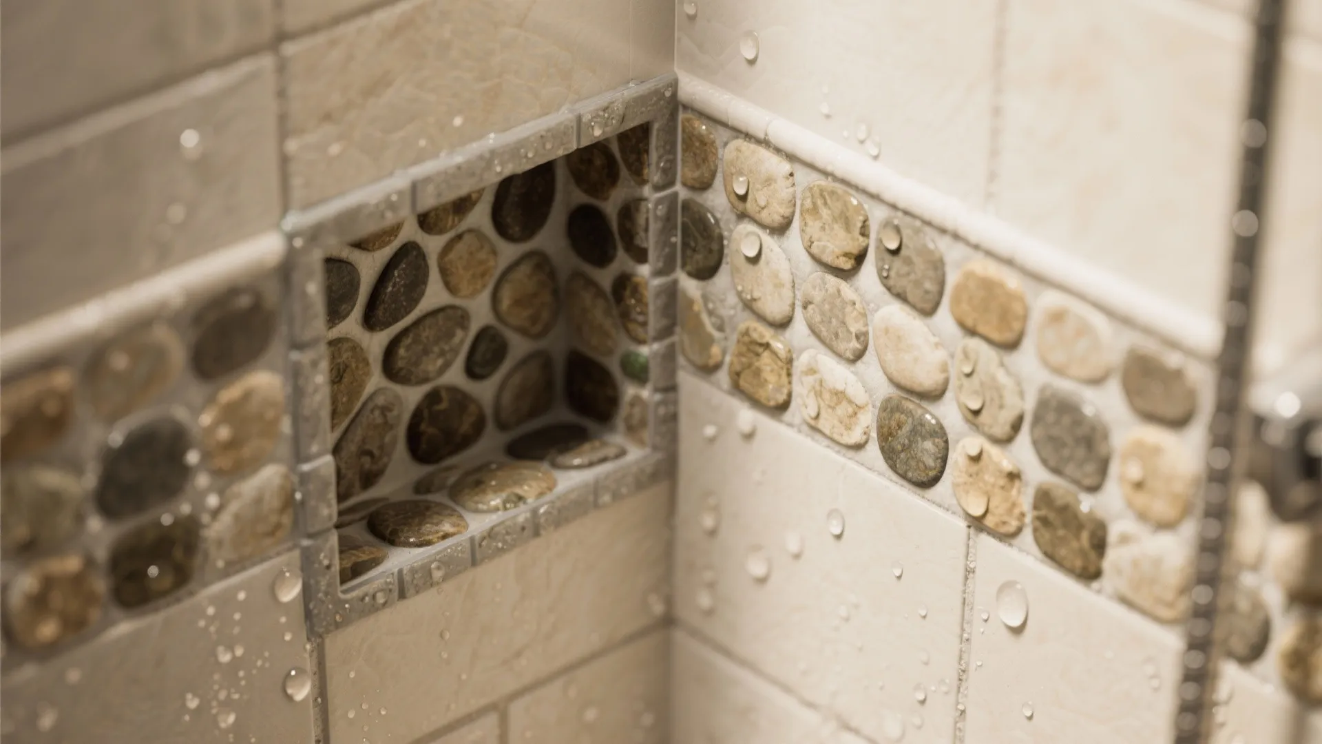 Detailed view of wet bathroom wall with stone inlay niche and white tiles with droplets