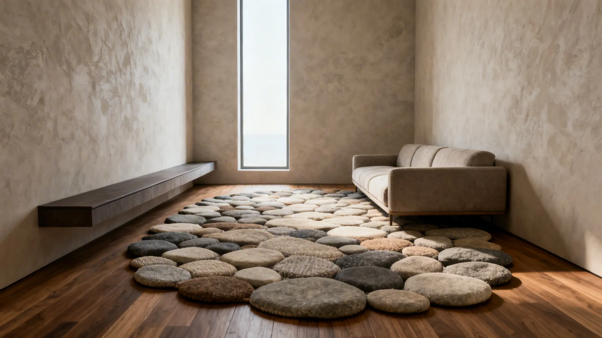 Modern living room featuring a unique stone shaped rug on wood floor near beige sofa