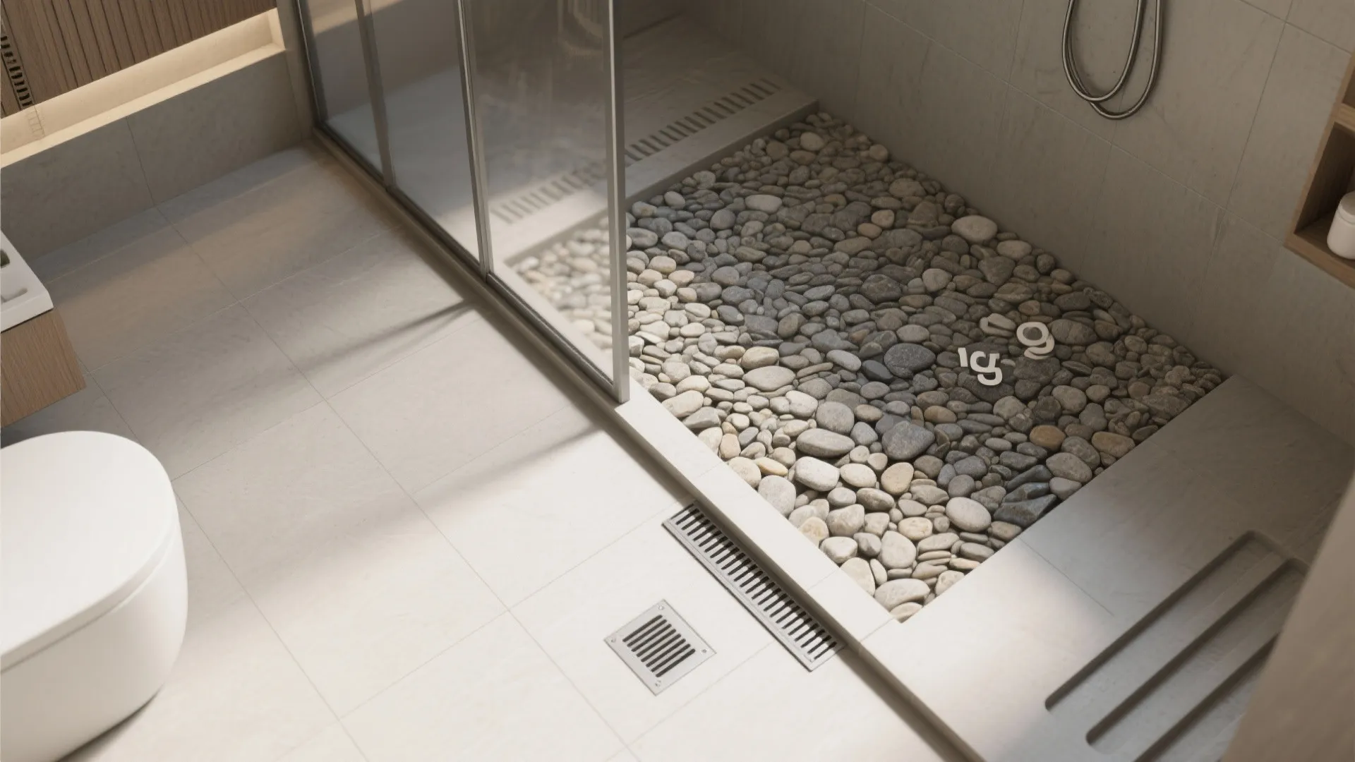 3) Curbless Wet Room with a Pebble “Rug”