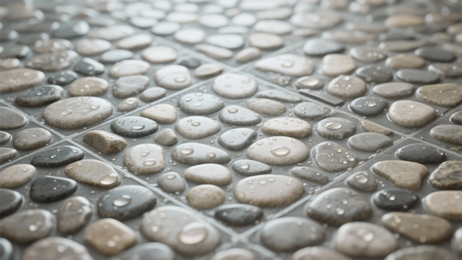 Close up view of grey and beige round floor stones with water drops on surface