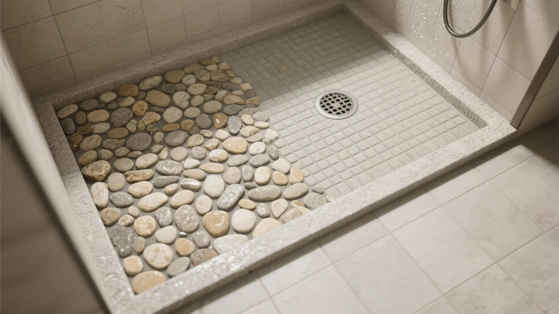 Shower floor base showing a transition between natural pebble stones and small grey square tiles