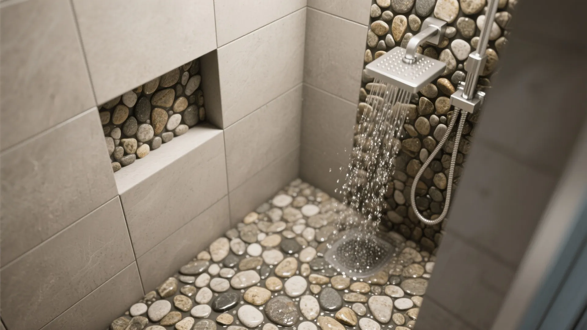 2. Rainfall shower niche with pebble flooring