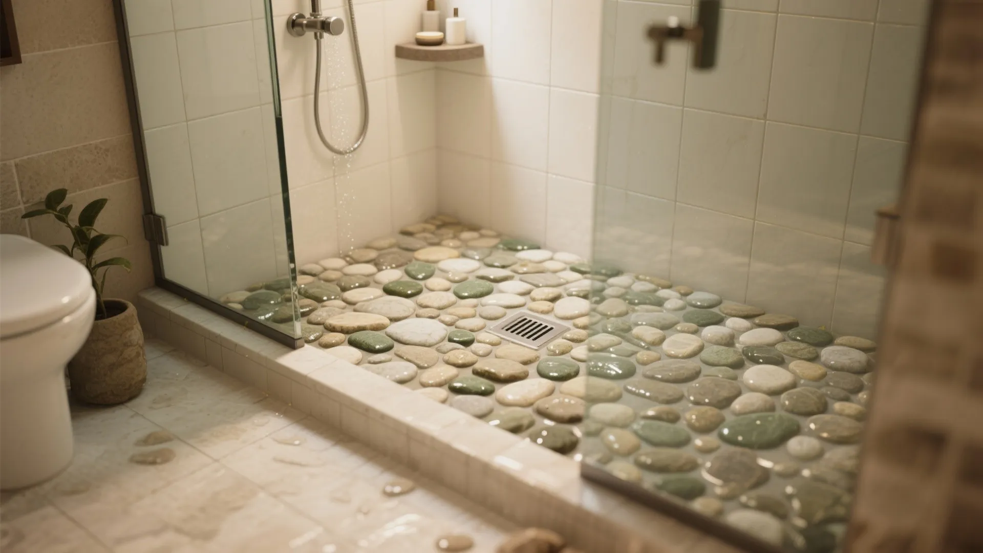 Pebble mosaic shower floor with natural stones and simple wall tile for spa feel and grip.