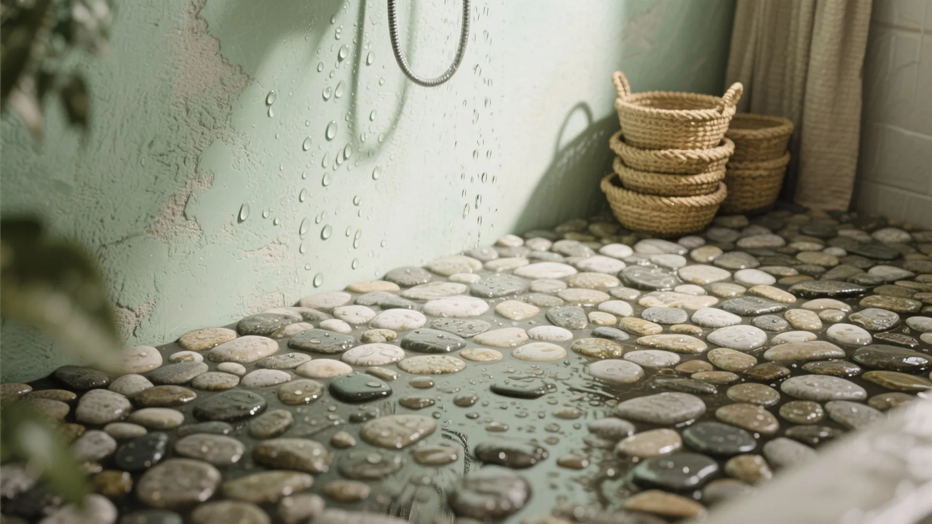 3. Textures: pebble floors, plaster walls, and woven baskets