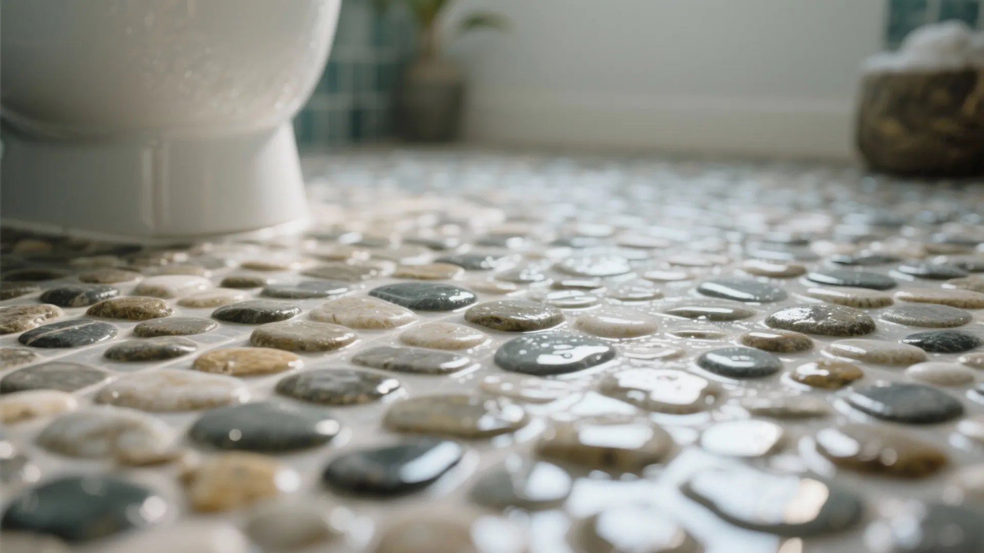 Close up of smooth round grey and tan pebble stone floor tiles in wet bathroom