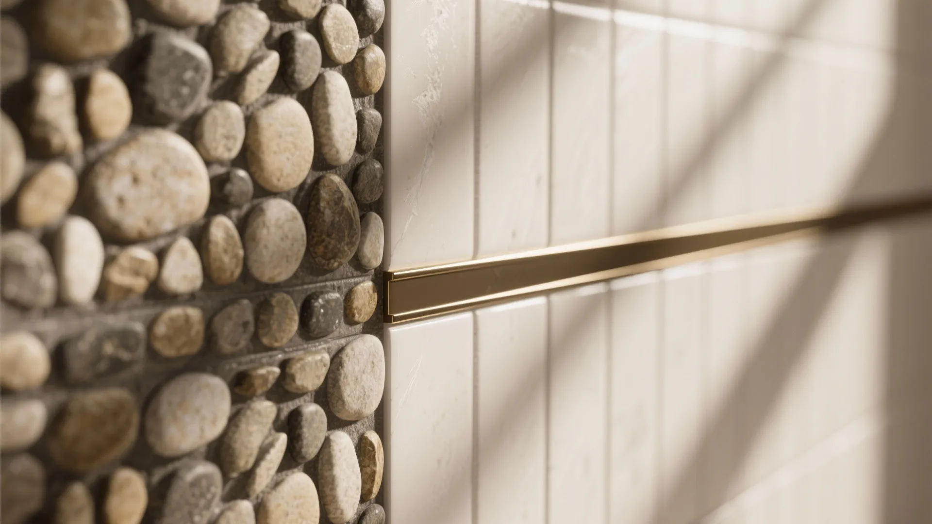 Close up of stone wall texture meeting white tiles with a gold metal trim detail
