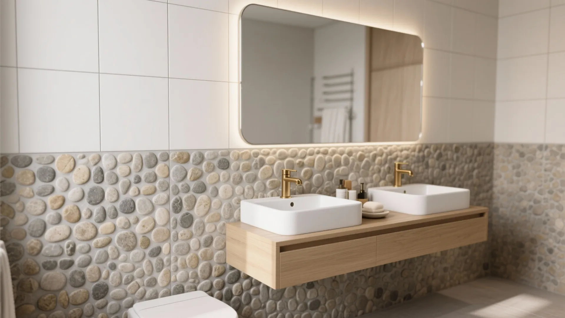 Pebble wainscoting with large-format porcelain above and clean metal trim.