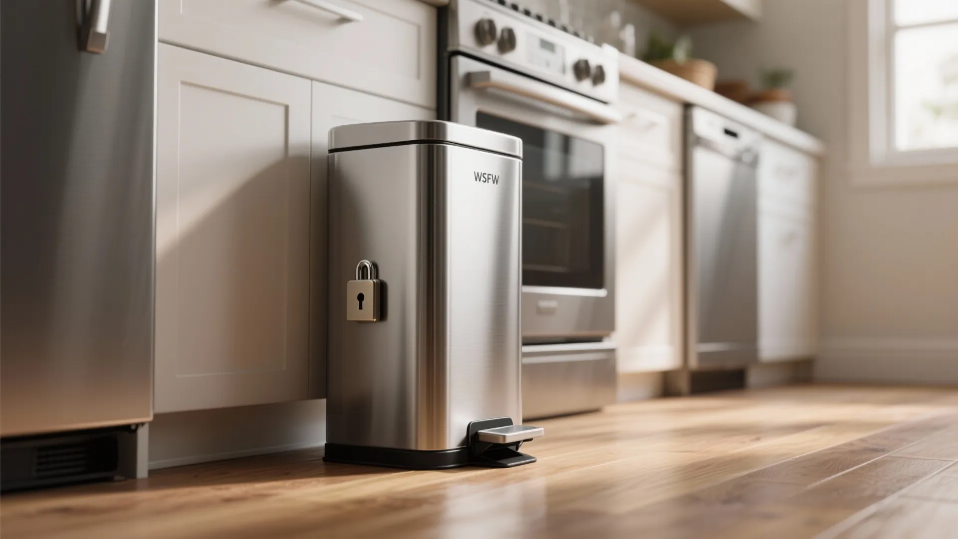 Stainless steel step trash bin with foot pedal placed on wooden floor in modern kitchen area
