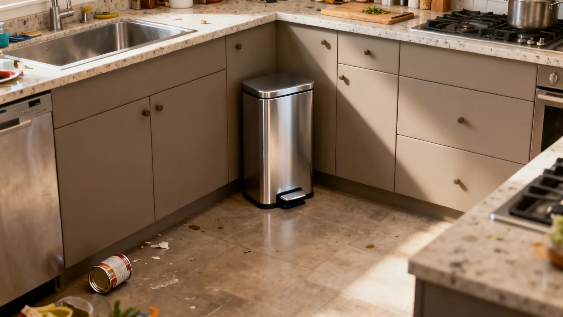Before and after of a galley kitchen showing improved flow with a slim pedal bin.