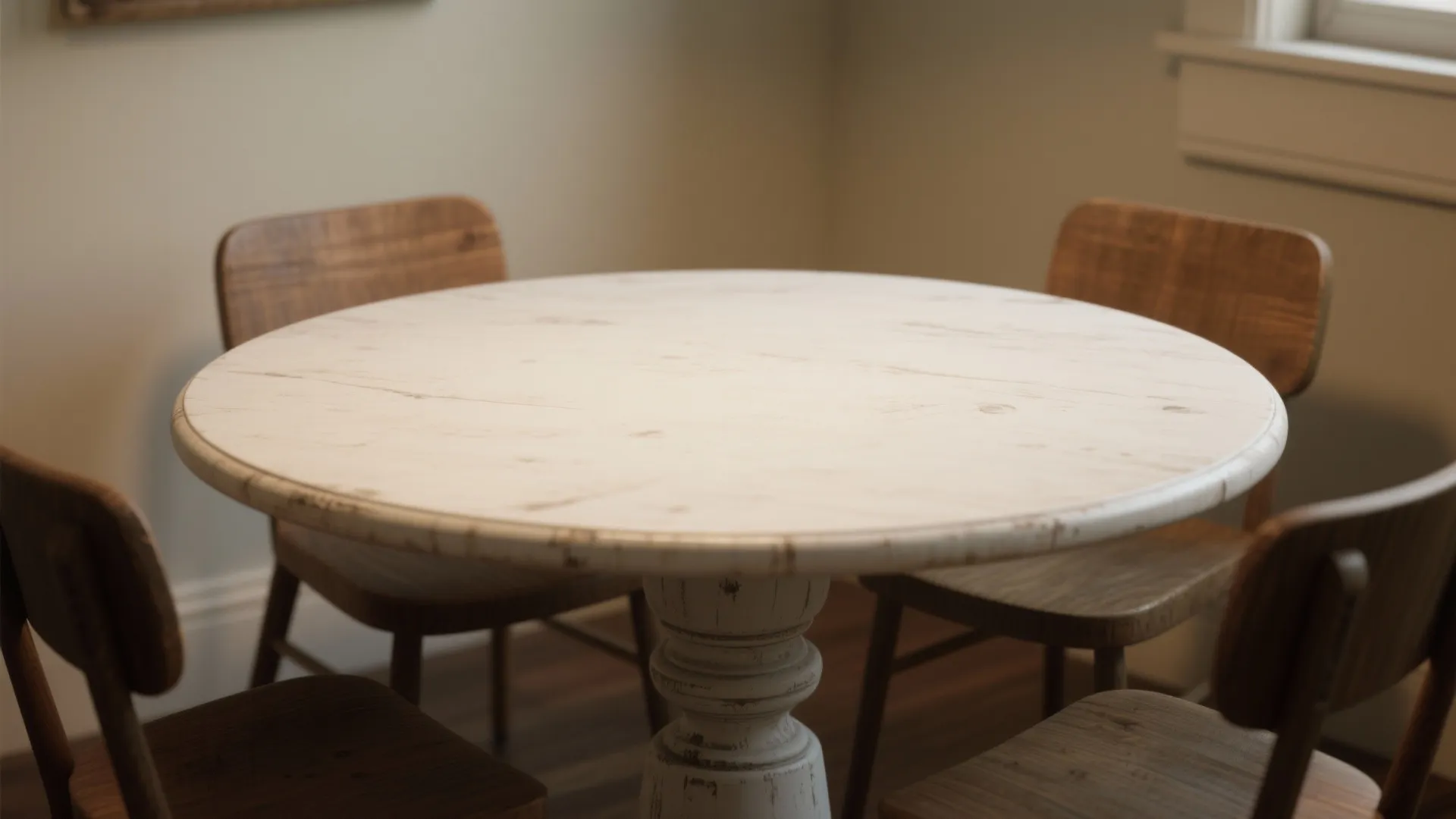 Round white wooden dining table with four brown chairs in a bright modern dining room