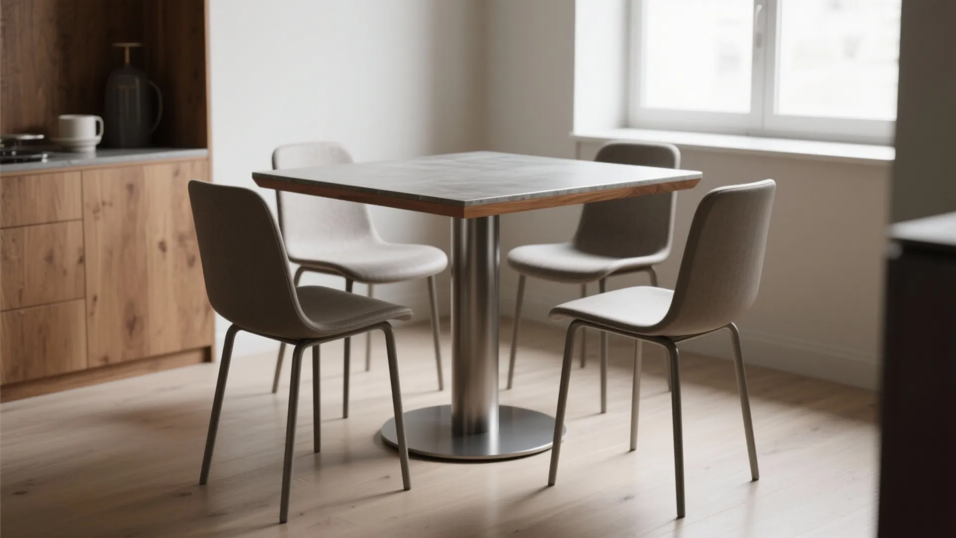 Small square kitchen table with single metal leg and four grey chairs on wood floor