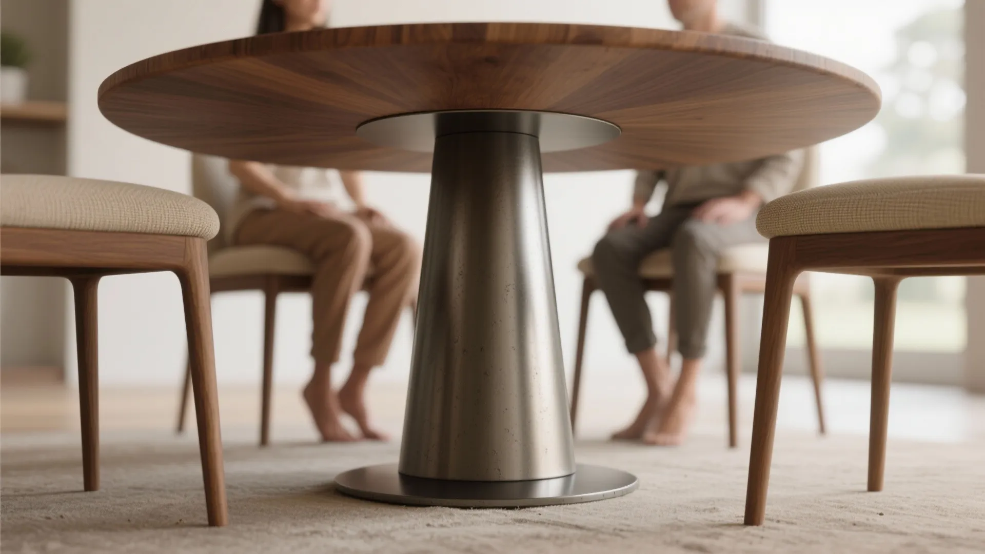 Round wooden dining table with a metal base and modern chairs in a bright room