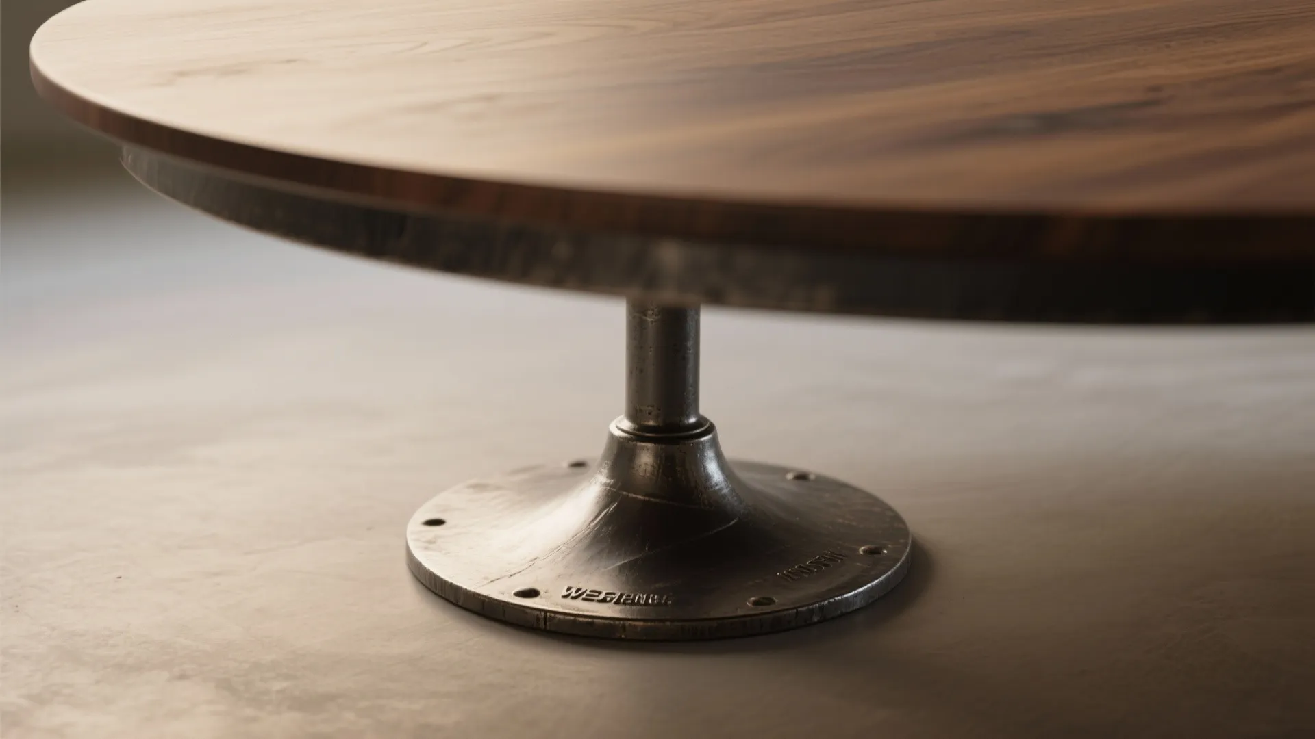 Close up of a round wooden table top with a sturdy metal base standing on floor