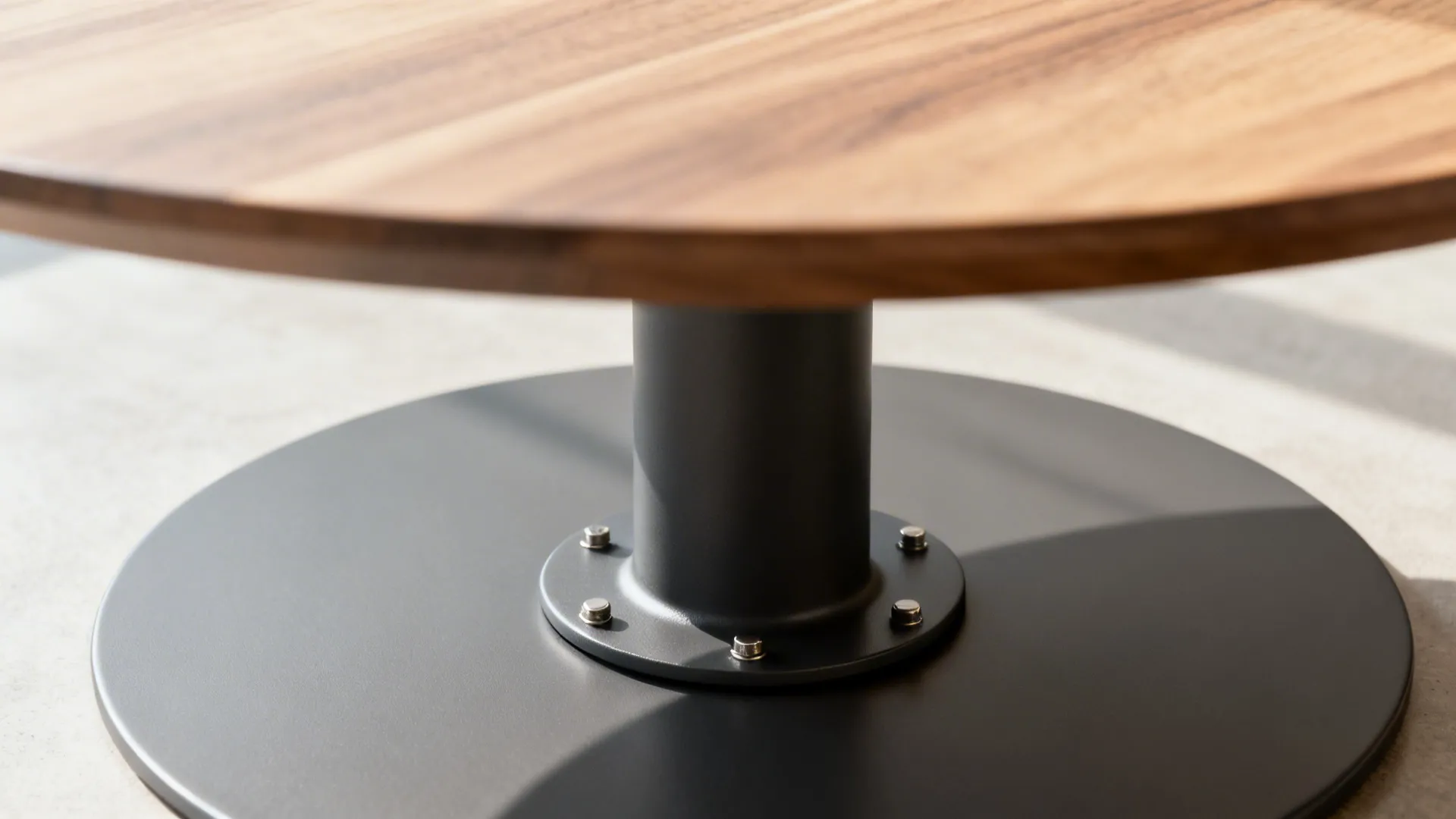 Close-up of a round table pedestal base with matte metal and wood grain.