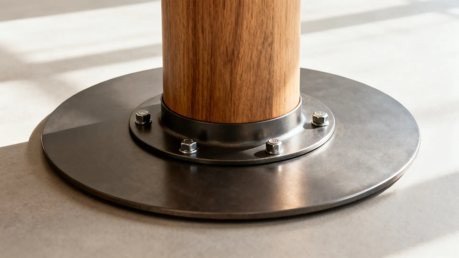 Macro of a weighted round pedestal table base with sturdy bolts and oak column.