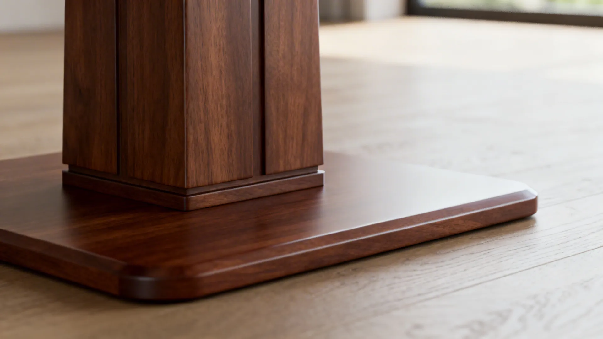 Close-up of a weighted walnut pedestal base with a stable footprint.