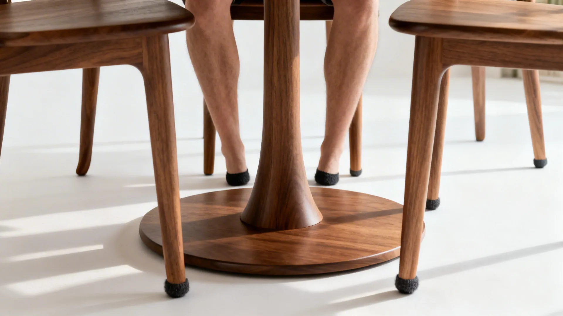 Round wood table base on white floor with chair legs and person in dark socks