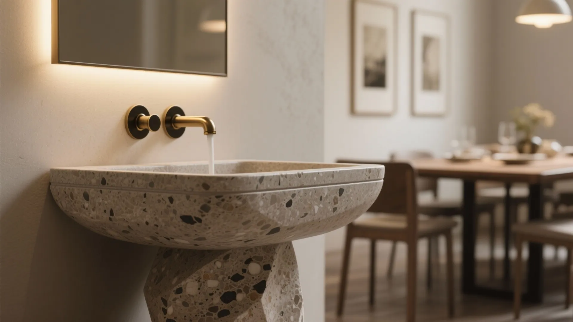 Modern stone sink with gold tap in a warm bathroom featuring a dining area background
