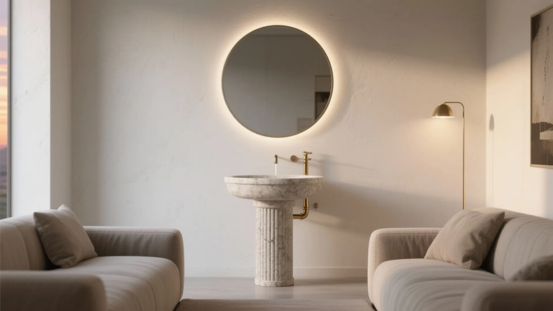 Minimalist marble sink standing between two sofas under a round glowing mirror and floor light