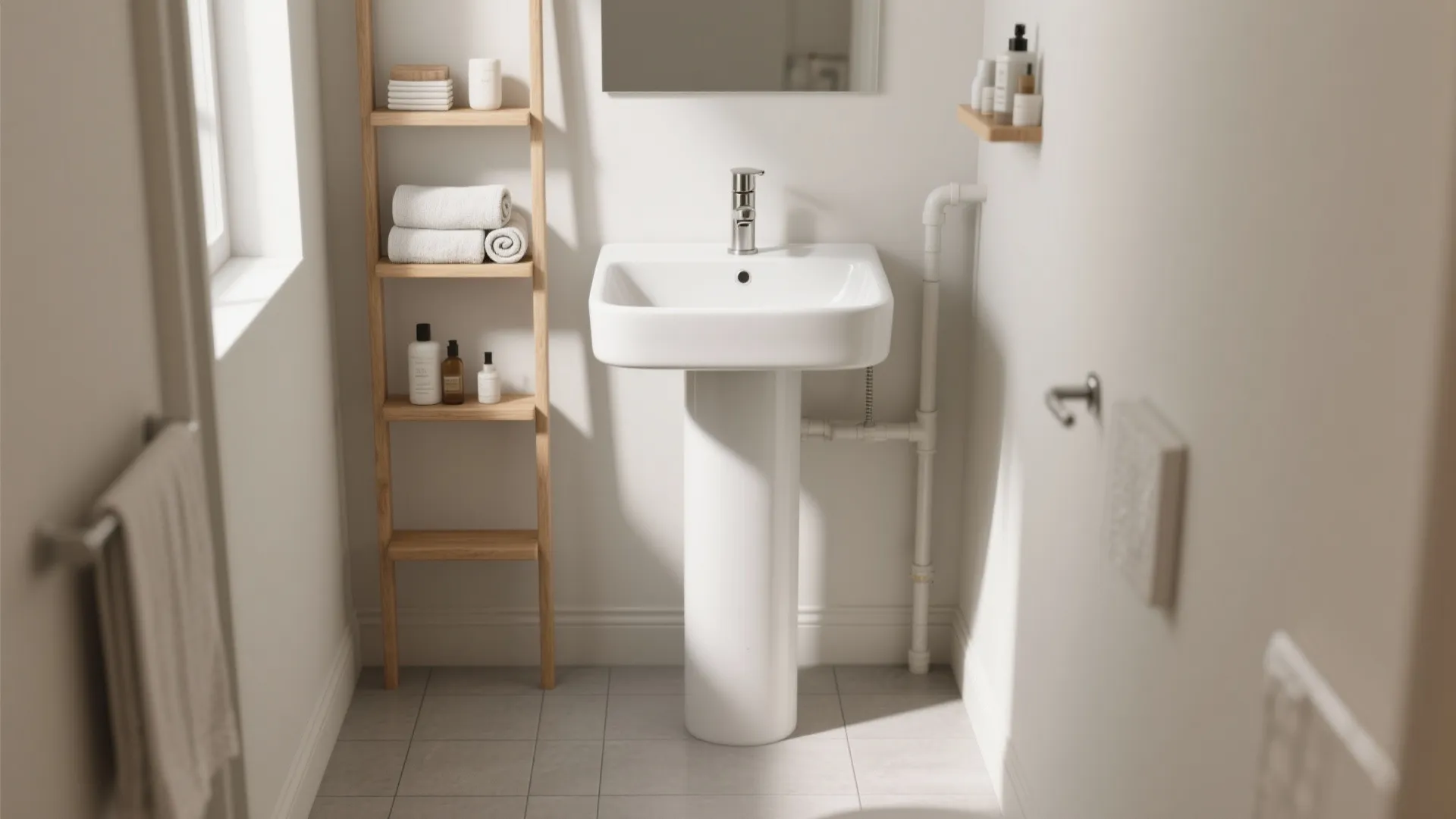Compact pedestal basin with open storage ladder