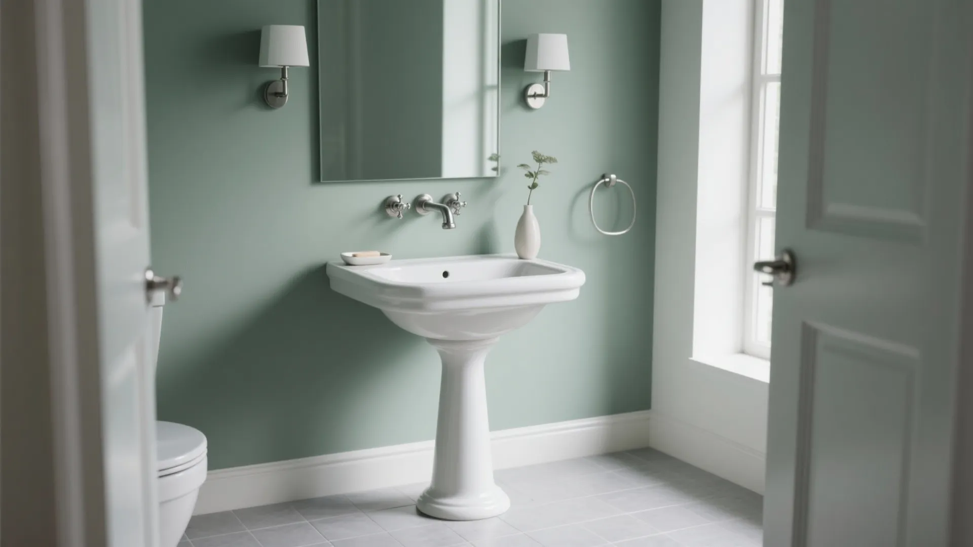 Modern green bathroom with white pedestal sink wall lights mirror toilet and bright window light
