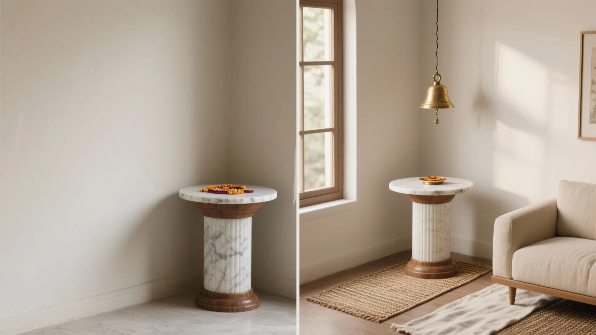 Before-and-after of a plain corner transformed with a marble-top pooja pedestal and pendant light.