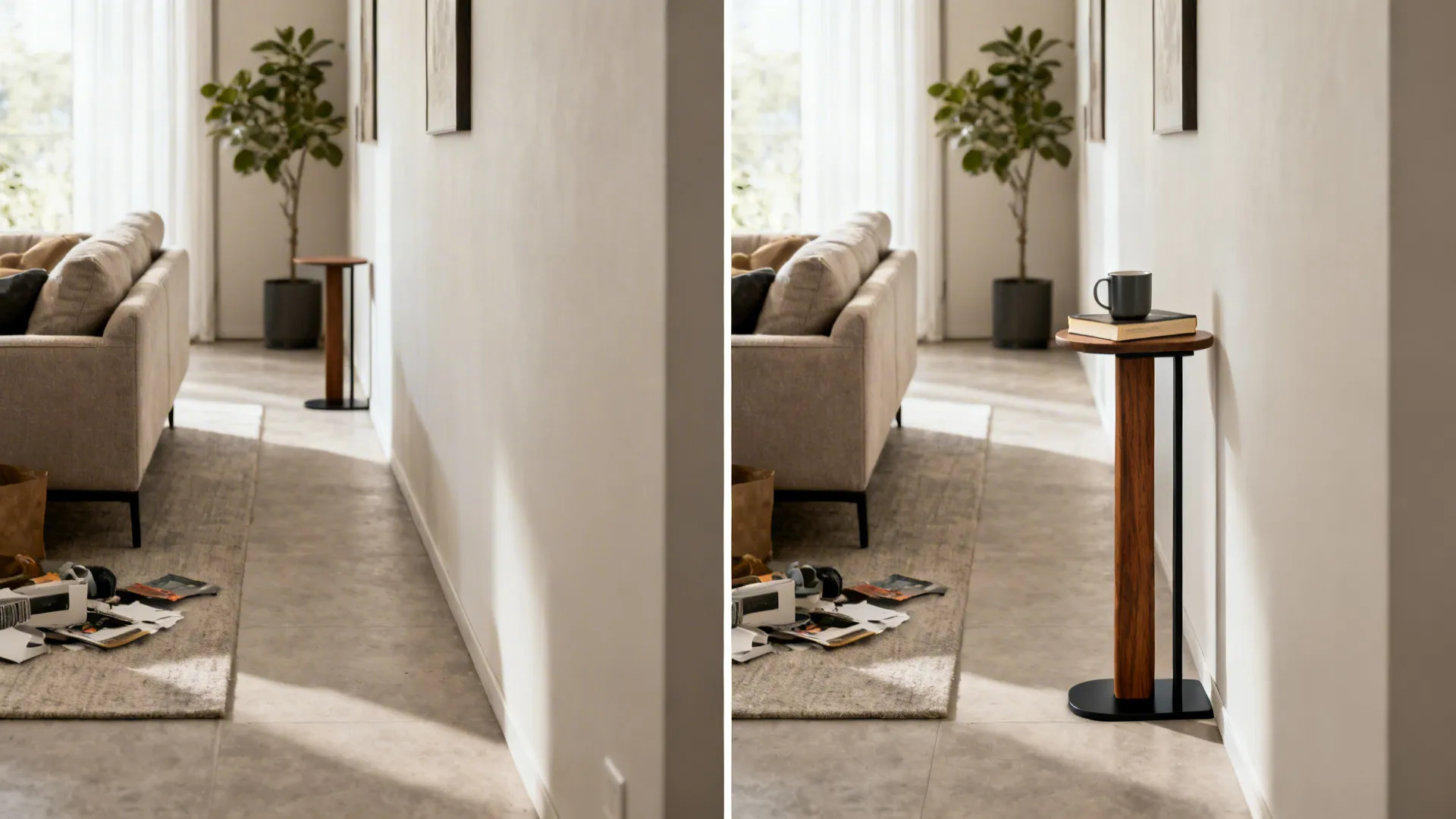 Before and after comparison showing a messy floor transformed into a tidy space with side table