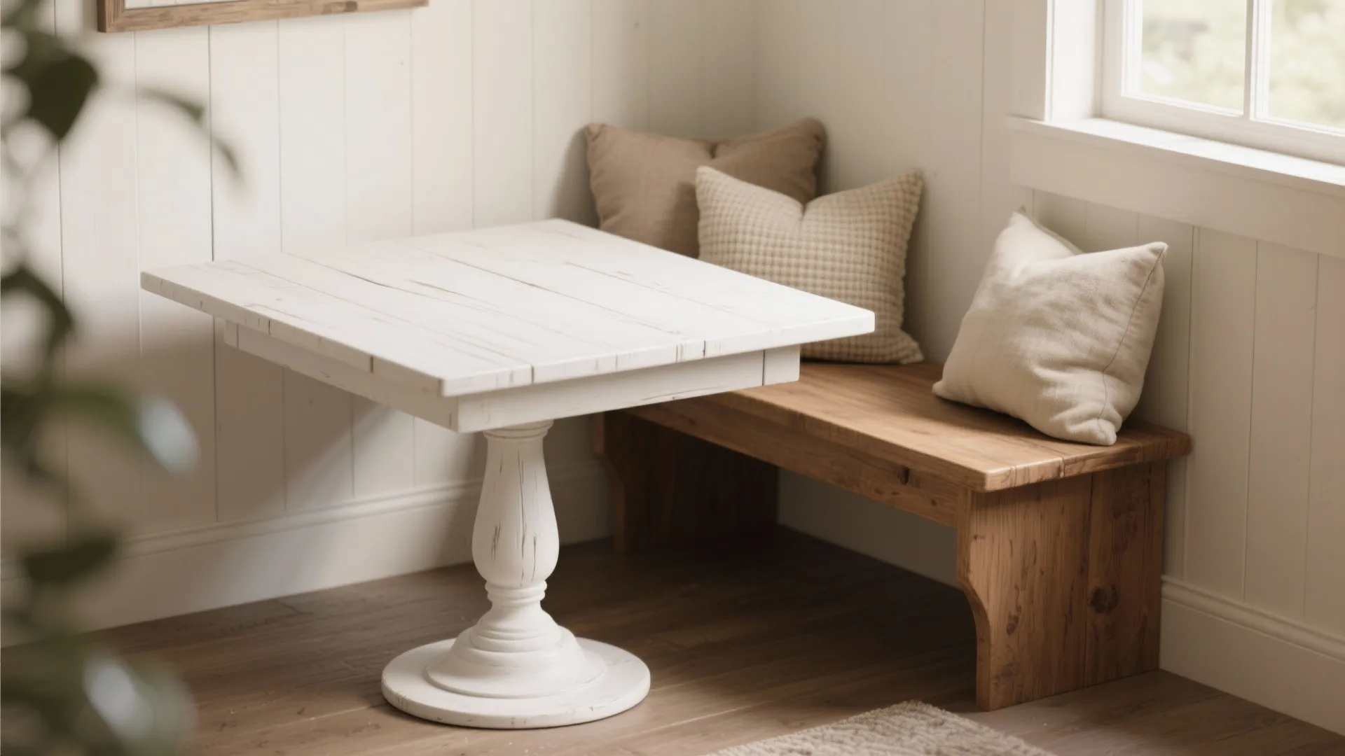 Cozy dining nook with a white pedestal farmhouse table and a cushioned bench tucked underneath.