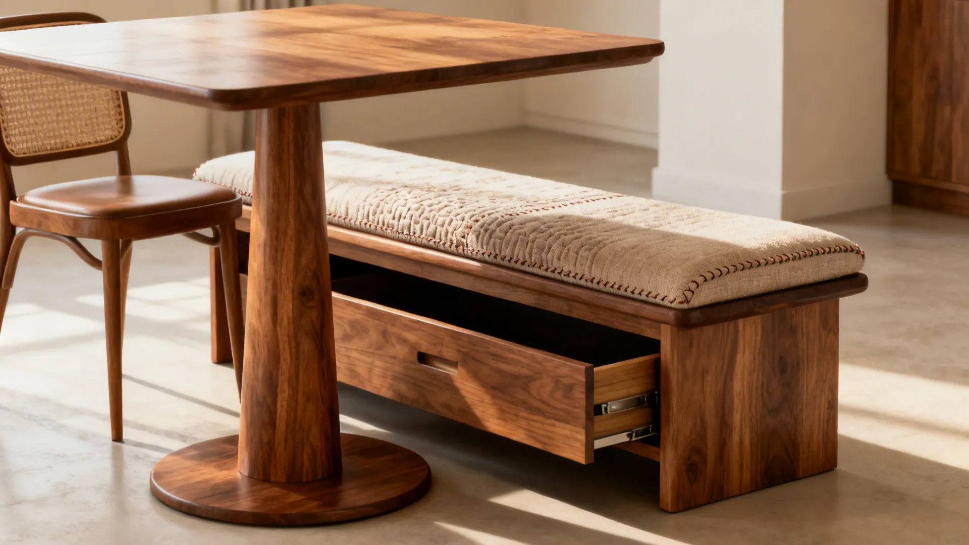 Pedestal table with a slim cushioned bench featuring hidden storage and one chair