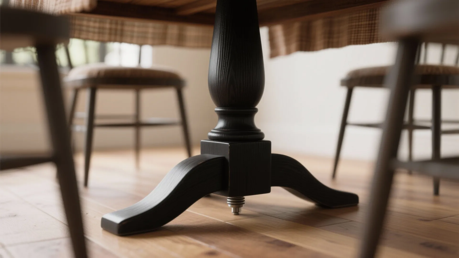 Close-up of a slim black pedestal farmhouse table base with adjustable foot on wood floor.