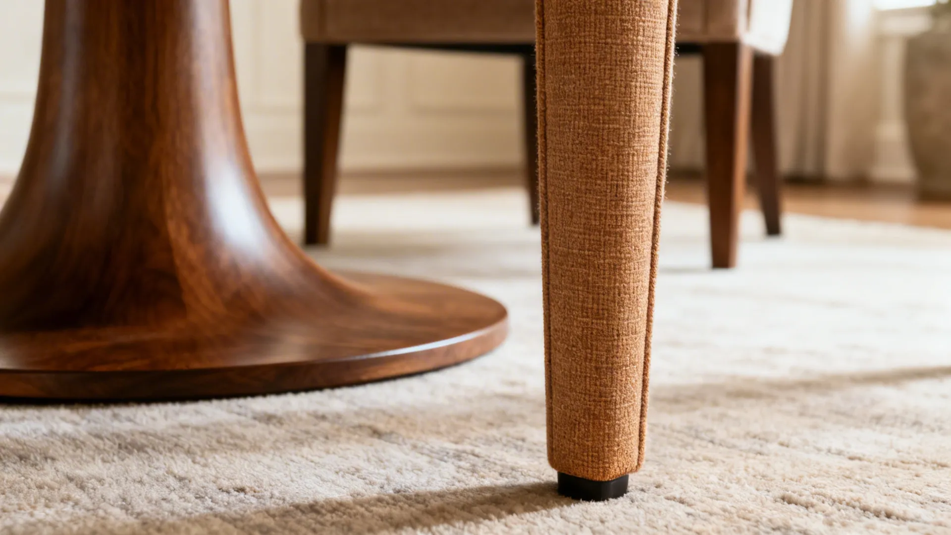 Close up of a wooden table base and a chair leg on a textured beige rug