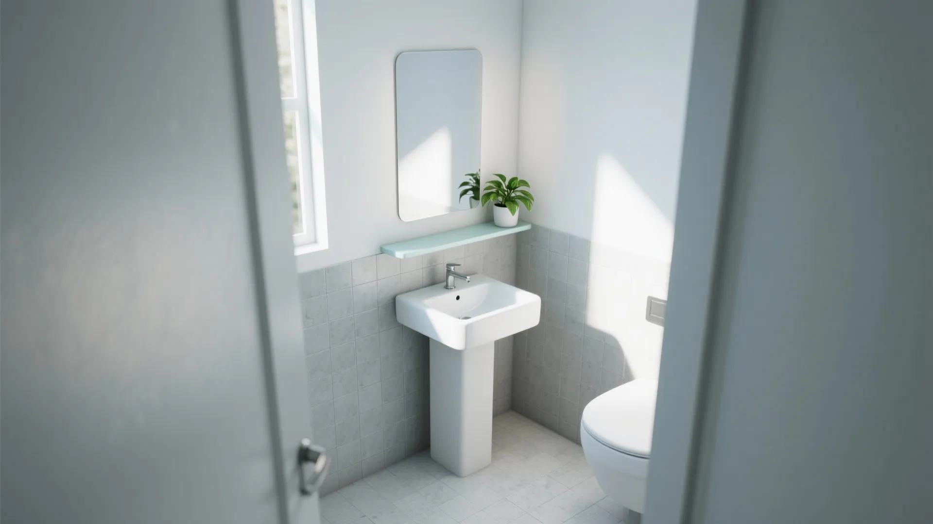 Slim corner pedestal sink with a mirrored shelf above in a small powder room.
