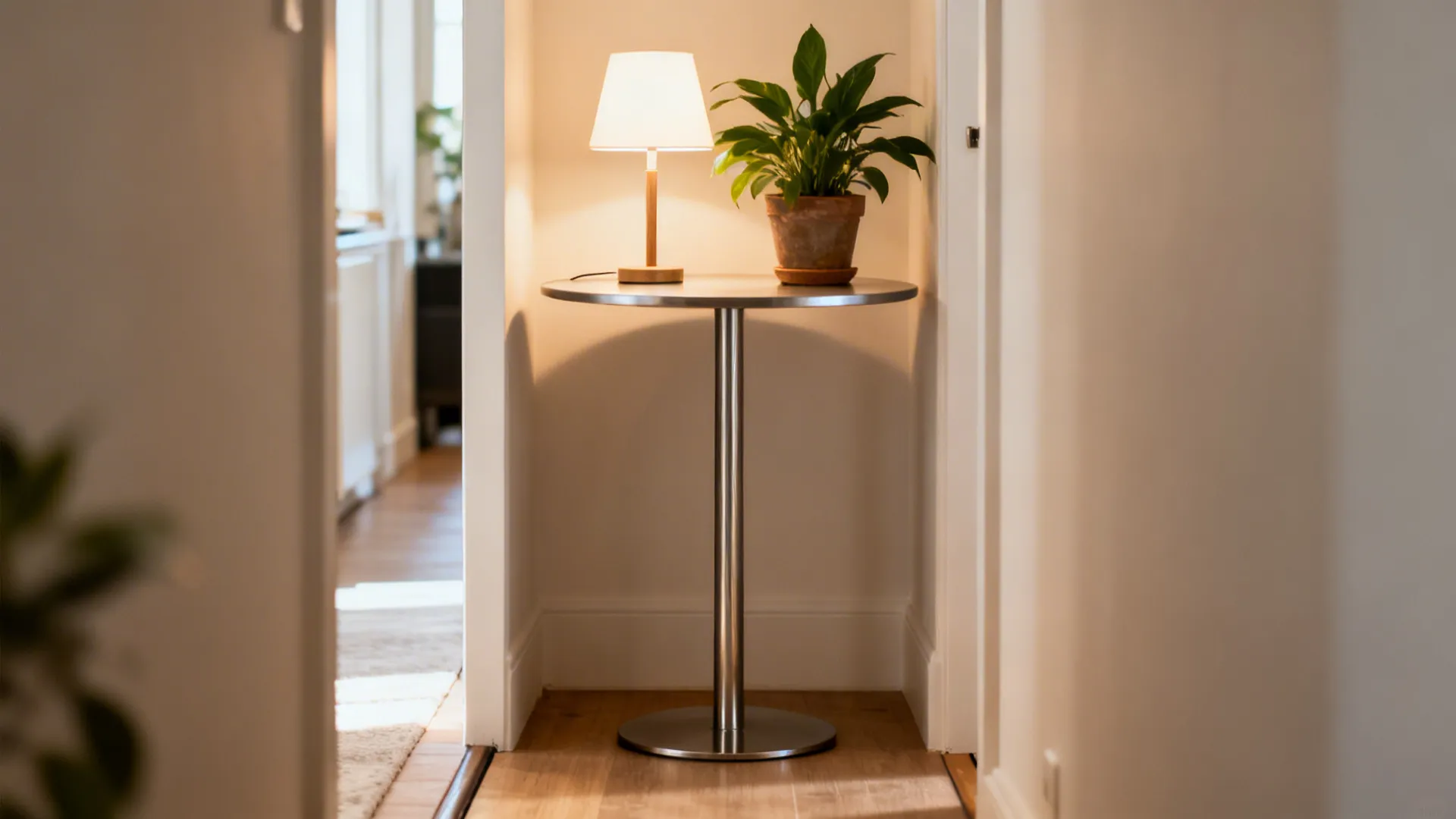 Slim pedestal round table with lamp and plant in a narrow corner, showing stable base and small footprint.