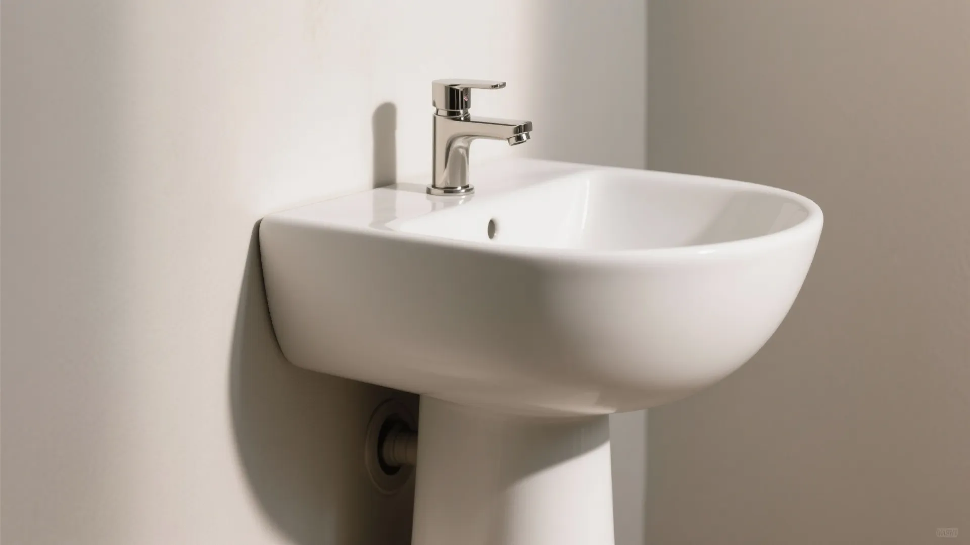 Close up of a white pedestal sink with a silver water tap against plain wall
