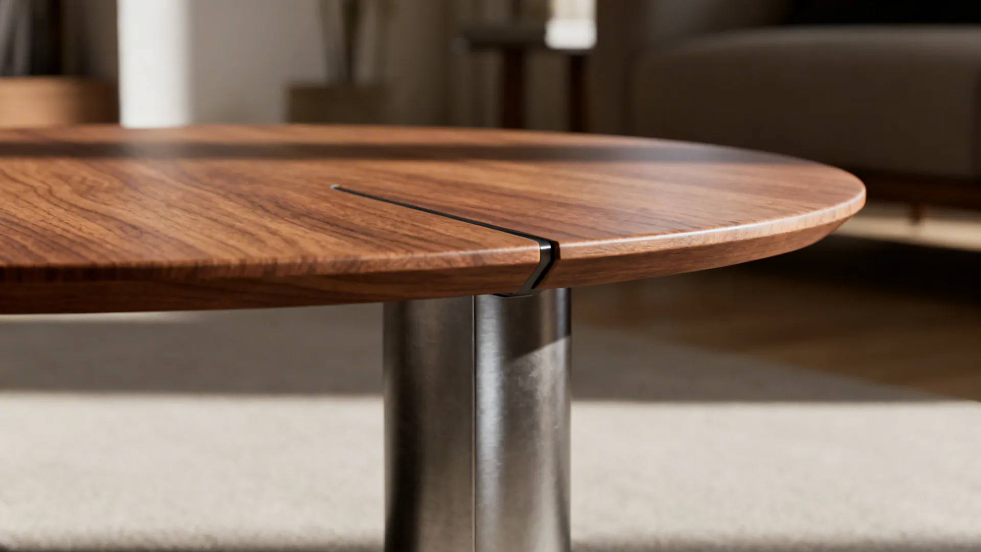 Close-up of a slim pedestal round coffee table showing base and tabletop materials
