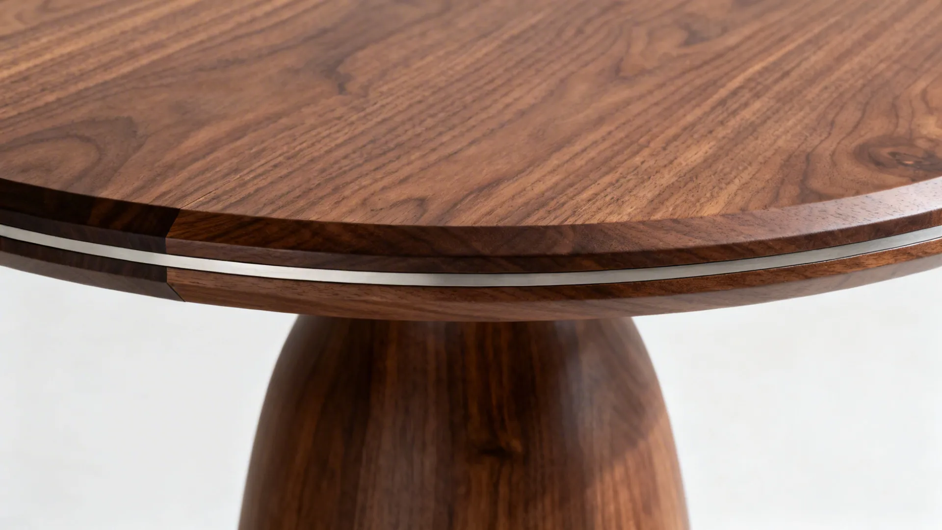 Macro of a walnut round tabletop’s chamfered edge meeting a sculptural pedestal with subtle inlay.