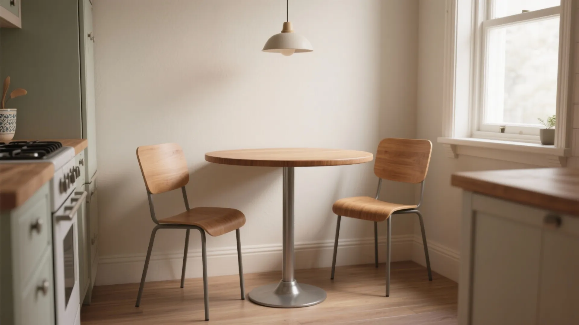 Small dining area with round wooden table two wooden chairs white walls and one ceiling light